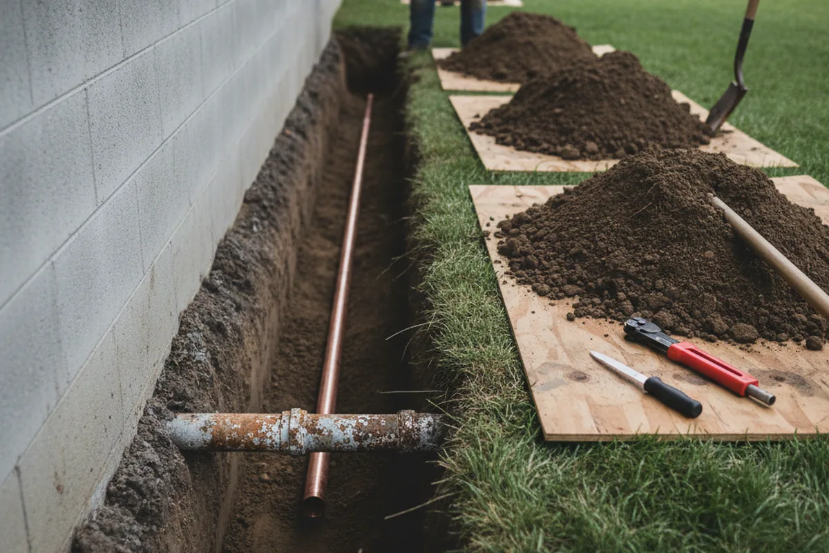 Excavated water line trench during Water Softener Installation in Tollesboro